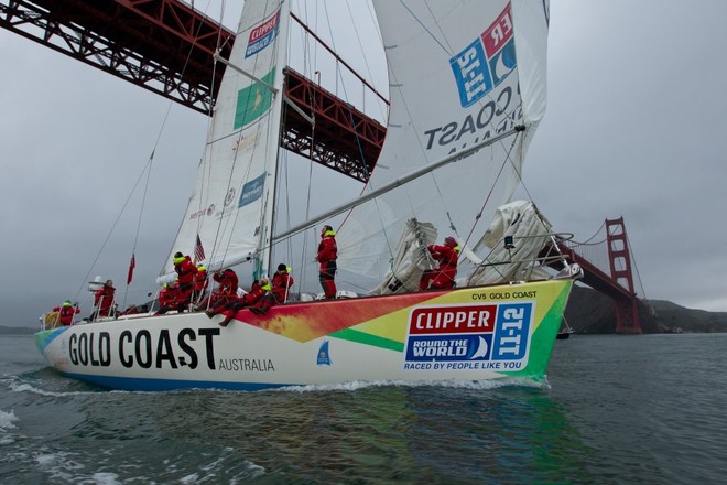 Gold Coast Australia arrives in Oakland, San Francisco Bay, on 30 March after crossing the Race 9 finish line first in the race across the Pacific Ocean from China - Clipper 11-12 Round the World Yacht Race  © Abner Kingman/onEdition